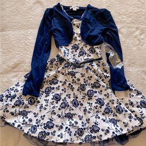 Knitworks Girl's White Dress with Blue Flowers, Elegant Design with Fuzzy Vest.